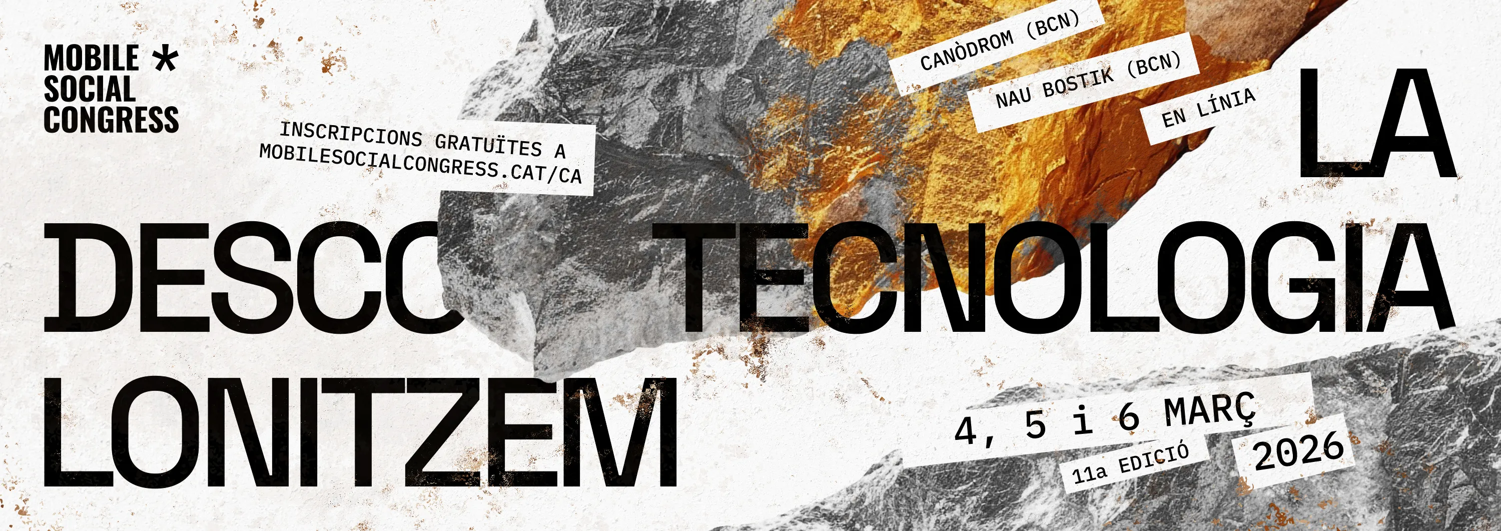 Bàner del Mobile Social Congress on s'anuncia el programa, que podeu trobar a sota. A la dreta, hi ha el lema Hackegem el sistema, construïm resistències, i al costat un ordinador del qual surten uns ratolins.